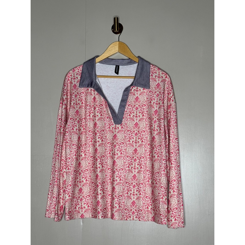 Noracora Pink Damask Print Collared Tunic Top Gray Trim Size Small
